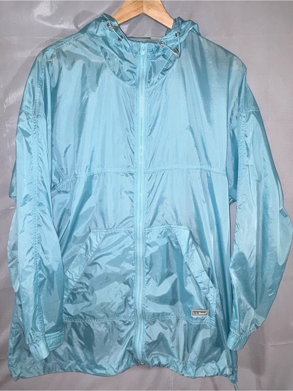 Vtg LL Bean Jacket Womens Med Light Blue Windbreaker Packable Hooded Full Zip